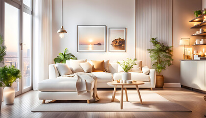 Interior of a modern bright living room with a white sofa, romantic light colors, lots of cute details creating a cozy atmosphere,