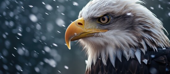 A Bird of prey from the Accipitridae family, the Bald Eagle with a yellow beak is standing in the snow, a majestic sight in the Falconiformes order