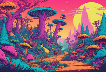 Fototapeta na wymiar A colorful forest with trees and mushrooms Illustration of a fantasy forest Generative ai