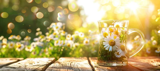 Poster Beautiful daisies in a cup in the summer garden. Rural landscape natural background with daisy flowers in the sunlight. Summer, copy space. AI generated illustration © Fatima