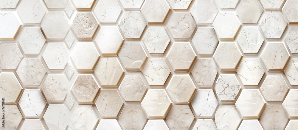 Poster the flooring product features a honeycomb pattern resembling grey triangles on a wall. it is made of