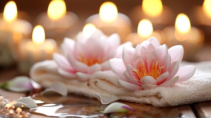 water lilies on a white towel with twinkling lights in the background,
Concept: spas, wellness...