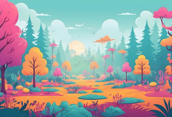 Fototapeta na wymiar A colorful landscape with trees and a sunset, Illustration of a misty summer woodland Ornamental backdrop Generative ai