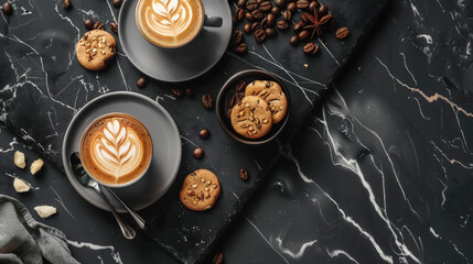 The flat lay concept of a hot tasty drink, a cup of good quality cappuccino, espresso or filter coffee, enjoyment is guaranteed. Minimal black background. - obrazy, fototapety, plakaty