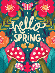Colorful decorative hand lettered design with mushrooms, flowers and flower decoration. Hello spring vibrant vector illustration - 761718275