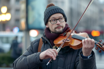 A male violinist passionately plays music on a bustling city street, his melodies weaving through the urban cacophony, captivating passersby with his skillful performance.