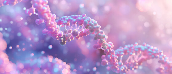 Fototapeta premium Festive pink background with glitters and colorful confetti shapes for a DNA molecules