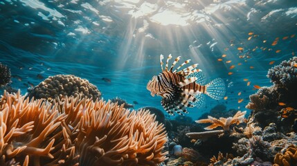 Naklejka na ściany i meble A lionfish gracefully navigates the vibrant coral reef in its natural habitat.