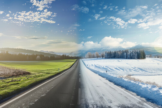 The split image showcases a winter road juxtaposed with a summer road.