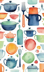 watercolor illustration, Seamless bright kitchen pattern for design, seamless wallpaper for smartphone,