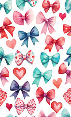 watercolor illustration, Seamless bright pattern for Valentine's Day with bows and hearts for design, seamless wallpaper for smartphone,