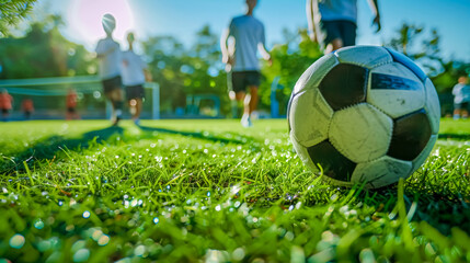 Fototapeta premium Morning soccer game in sunlit park