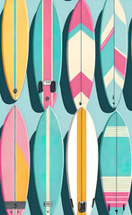 watercolor illustration, Seamless bright pattern with surfboards for design, outdoor activity concept, seamless smartphone wallpaper,