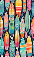 watercolor illustration, Seamless bright pattern with surfboards for design, outdoor activity concept, seamless smartphone wallpaper,