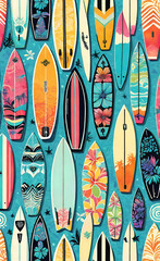 watercolor illustration, Seamless bright pattern with surfboards for design, outdoor activity concept, seamless smartphone wallpaper,