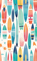watercolor illustration, Seamless bright pattern with surfboards for design, outdoor activity concept, seamless smartphone wallpaper,
