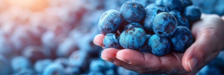 Hand holding fresh blueberries on blurred background with copy space for text placement