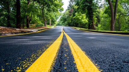 A road marked with a bright yellow line running down the center, dividing traffic lanes.