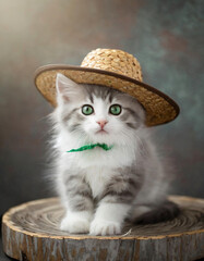 Cute white kitten with green eyes wearing a straw hat sitting on a tree trank with grunge wall background