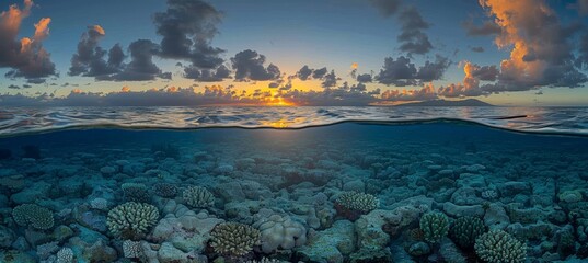 Split view  great barrier reef marine ecosystem at sunset in queensland, australia