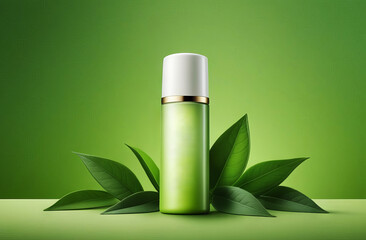 Beautiful cosmetic bottle with green herbal leaves on green background. Natural eco friendly beauty product concept. Free space for product logo placement or advertising text inscription.