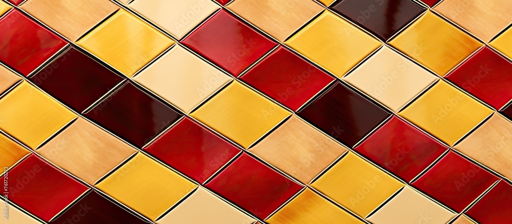 Poster a close up of a vibrant red and yellow rectangular tile wall with hints of magenta creating a colorf