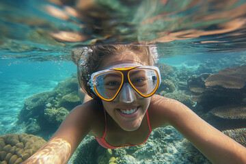 Cheerful young woman enjoying snorkeling over a vibrant coral reef, with a selfie point of view - obrazy, fototapety, plakaty