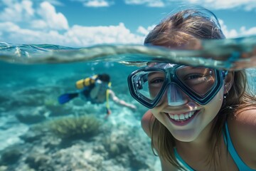 Happy young Caucasian girl enjoying a joyful underwater snorkeling adventure with a big smile in the clear tropical ocean water during her leisure activity on a fun summer vacation