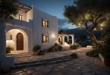 Naklejka premium ancient Greek house with a white facade at night, with wide windows and a large garden, with an olive tree in the garden, overlooking the sea,