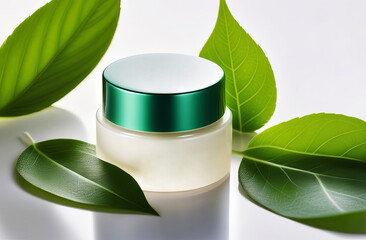 Beautiful cosmetic bottle with green herbal leaves on white background. Natural eco friendly beauty product concept. Free space for product logo placement or advertising text inscription.