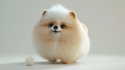 German spitz dog standing by a white ball on a white surface