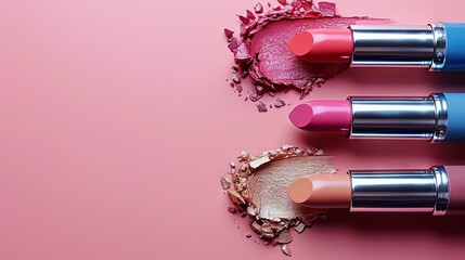 lipstick from red to soft pink shades, arranged geometrically on a light background.
Concept: cosmetics and beauty, trends in lip makeup