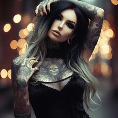 Portrait of a goth girl with black hair and many tattoos