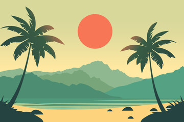 Fototapeta na wymiar Beautiful paradise beach in vintage style. Vector illustration of a sandy beach on a tropical island with palm trees and grass overlooking the ocean and mountains. Vacation. Holidays. Gap year.