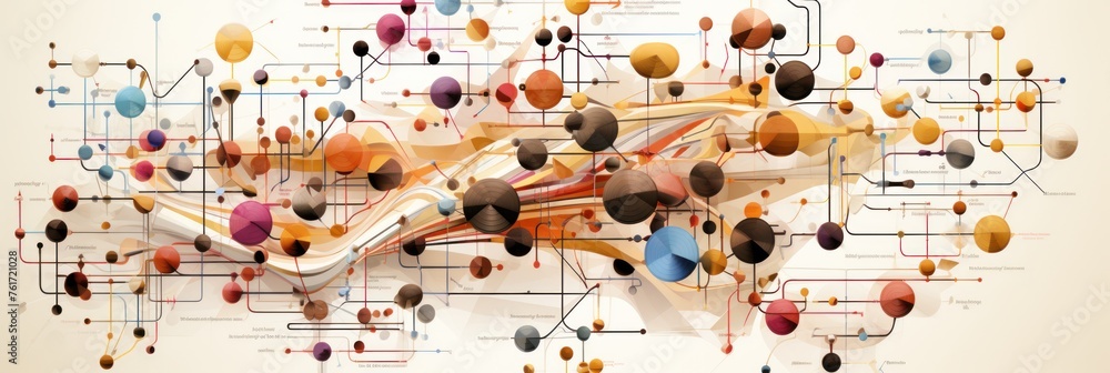 Poster colorful abstract composition featuring various sizes of circles and intersecting lines in a dynamic