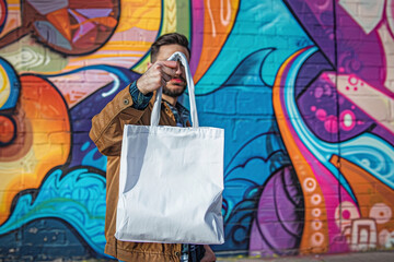 Obraz na płótnie Canvas A man holding a blank white tote, reusable shopping bag in front of a vibrant mural, merging art with environmental activism,