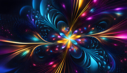 Digital abstract background of technological colors, neural networks and artificial intelligence in the form of graphic shapes and fantastic mysticism