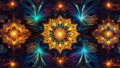 Digital abstract background of technological colors, neural networks and artificial intelligence in the form of graphic shapes and fantastic mysticism - obrazy, fototapety, plakaty
