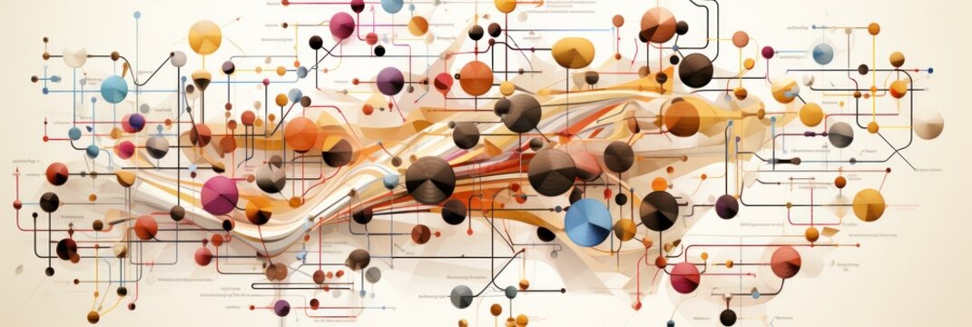 Colorful abstract composition featuring various sizes of circles and intersecting lines in a dynamic arrangement