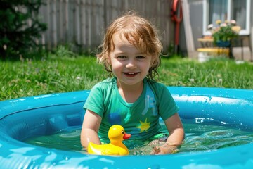 A child girl bathes in an inflatable pool in the yard. Holidays. Childhood. hot weather. Splash in the pool.