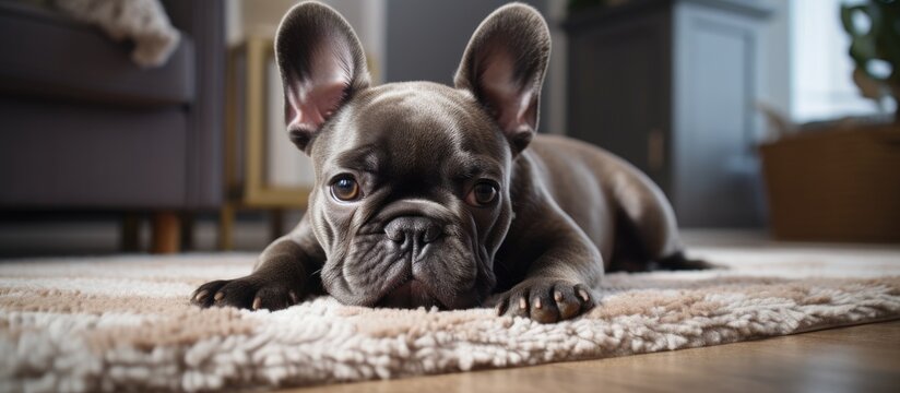 A fawn French Bulldog puppy with wrinkled skin, perky ears, and whiskers is laying on a rug in a living room. This carnivorous dog breed is a popular choice as a companion and toy dog