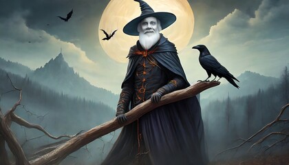 halloween scene witch with raven - obrazy, fototapety, plakaty