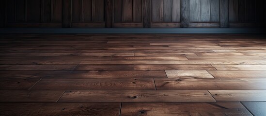 A dimly lit room featuring a brown hardwood floor and wooden wall, exuding a warm and cozy atmosphere with a classic wood grain pattern - obrazy, fototapety, plakaty