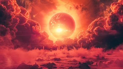Fotobehang Apocalyptic landscape with fiery sky and planet © edojob