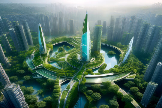 Smart sustainable city architecture with buildings for carbon footprint, environment and futuristic. Eco friendly town for green ecology with plants. Generative AI.