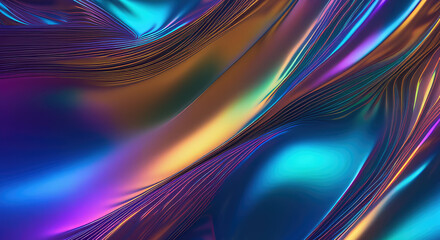 Abstract holographic curves wrinkled blue purple gold neon background texture for design.Liquid...
