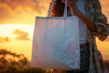 Close up of a woman holding a blank white tote, reusable shopping bag against a vibrant sunset, capturing the day's end and the ongoing commitment to sustainability,