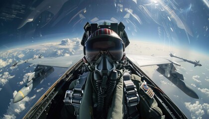 Fighter pilot in cockpit with squadron formation