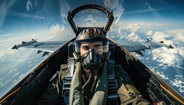 Pilot in cockpit of fighter jet above the clouds