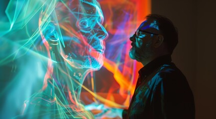 Embracing Tomorrow: Man Engaging with Futuristic Hologram in Motion